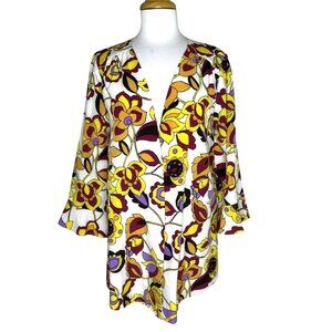 Modcloth Certainly Styled White Floral Kimono Coat, Open Front, Bell Sleeve L/XL